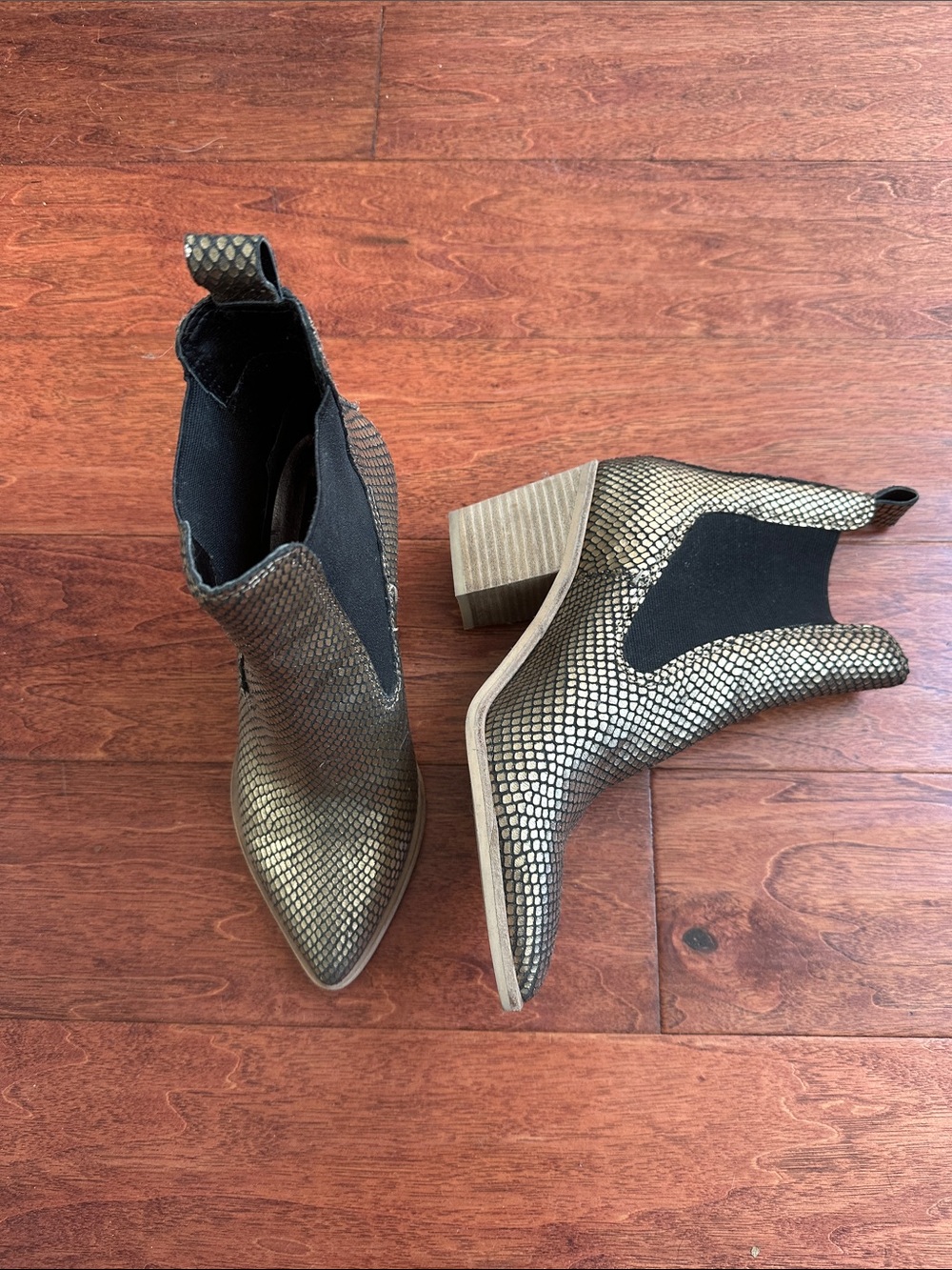 Dolce Vita Metallic Snake-Print Chelsea Booties in Gold and Black